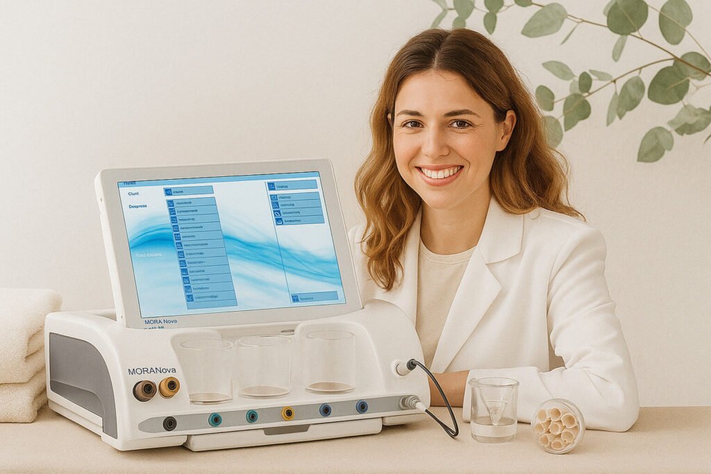 O femeie într-un blazer alb stă la o masă cu un dispozitiv medical sau cosmetic care afișează o interfață cu ecran albastru, trei pahare transparente, un pahar cu apă și un recipient cu tampoane de bumbac. Frunzele verzi sunt în fundal. O femeie într-un blazer alb stă la o masă cu un dispozitiv medical sau cosmetic care afișează o interfață cu ecran albastru, trei pahare transparente, un pahar cu apă și un recipient cu tampoane de bumbac. Frunzele verzi sunt în fundal.