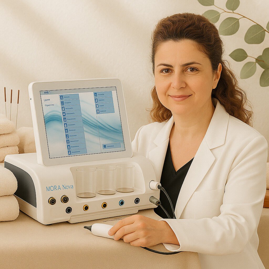 O femeie în halat alb stă lângă un dispozitiv medical MORA Nova cu un ecran de afișare. Ea ține în mână o piesă de mână conectată. Prosoape rulate și ace de acupunctură sunt vizibile în fundal. O femeie în halat alb stă lângă un dispozitiv medical MORA Nova cu un ecran de afișare. Ea ține în mână o piesă de mână conectată. Prosoape rulate și ace de acupunctură sunt vizibile în fundal.