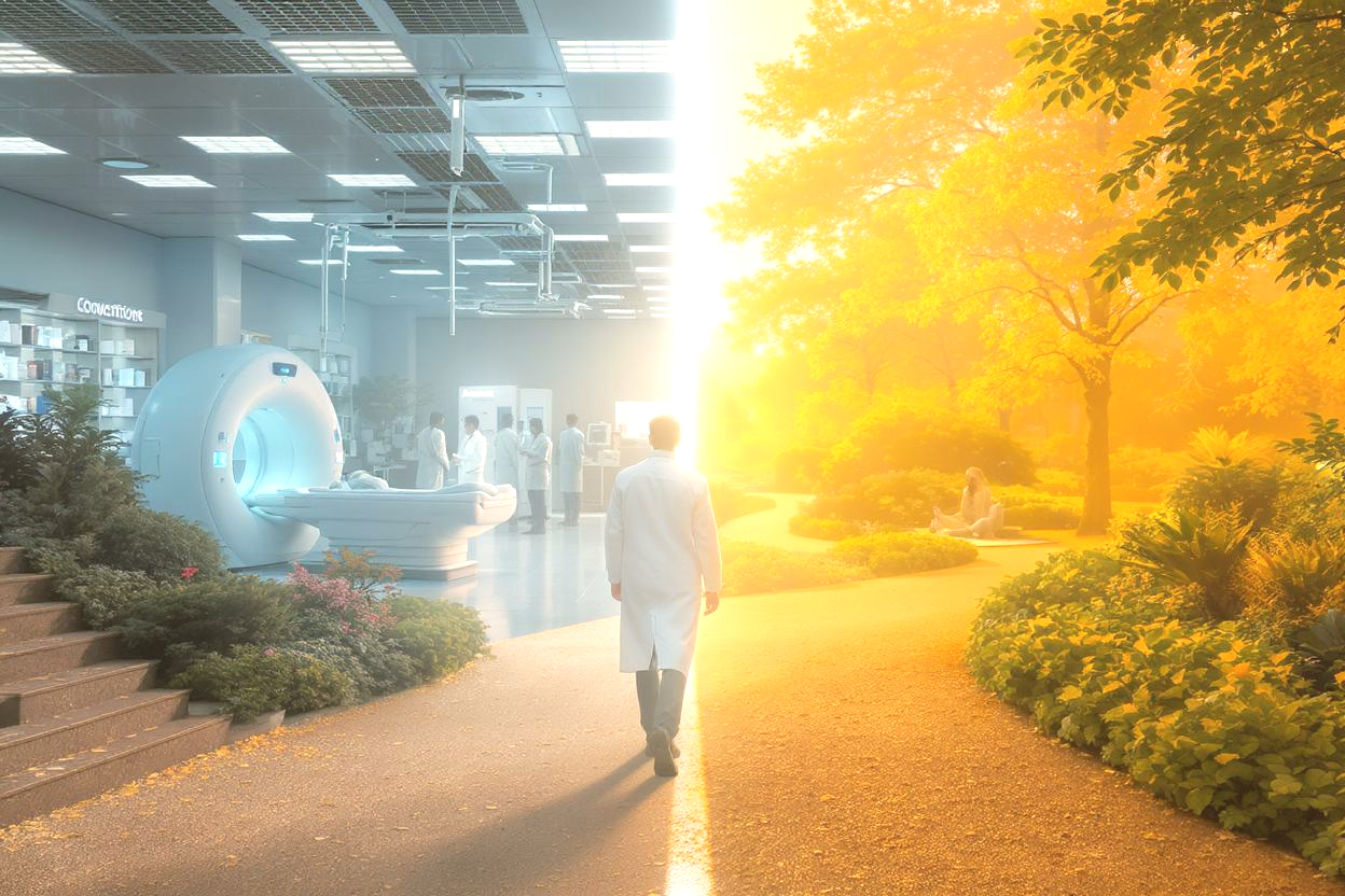 O persoană într-un halat alb de laborator merge pe o alee care desparte, în dreapta, un parc verde și luminos de o cameră de spital clinică, dotată cu echipamente medicale, în stânga.