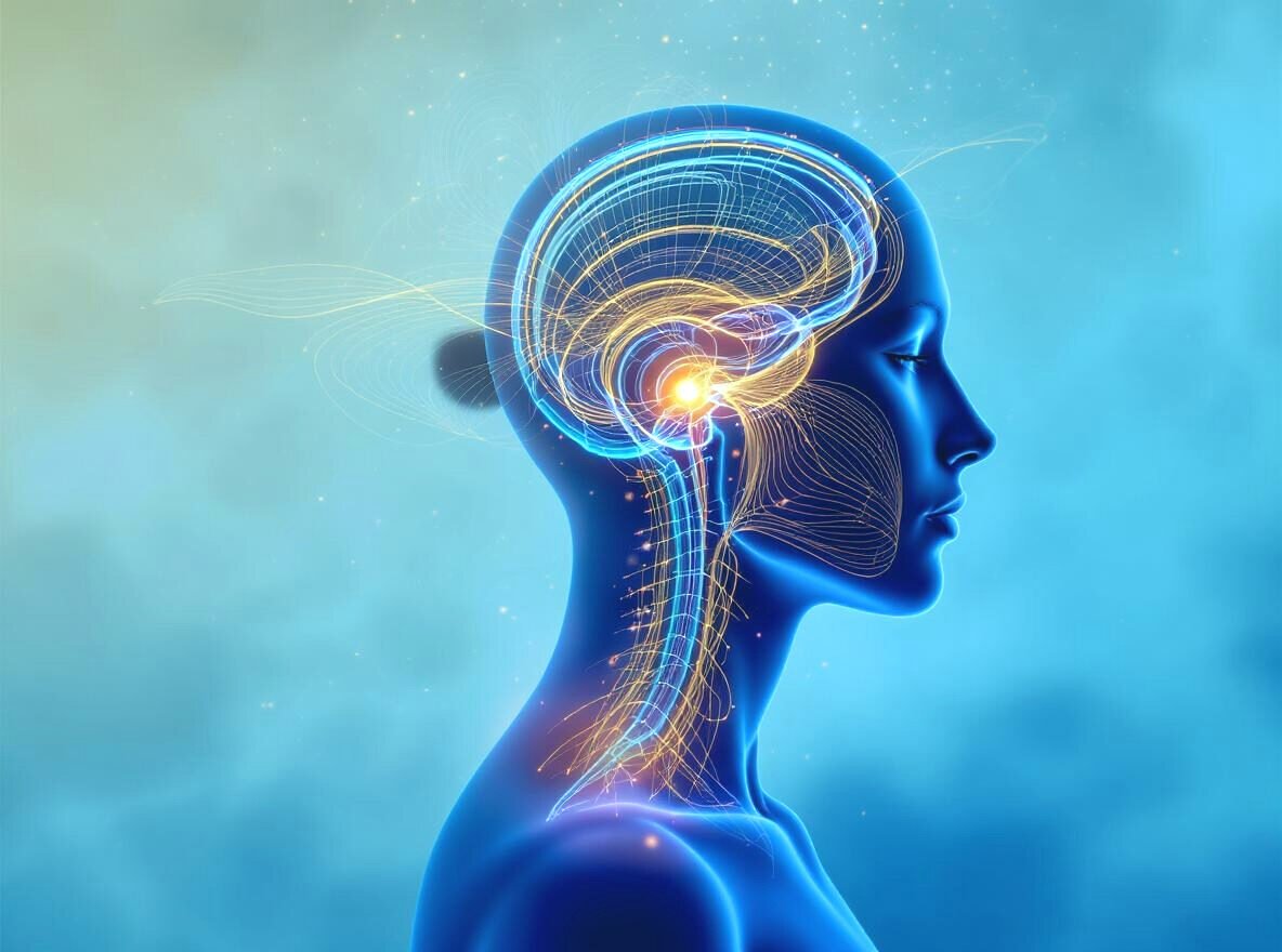 Ilustrație laterală a unui cap uman și a părții superioare a corpului, care prezintă creierul, trunchiul cerebral și căile sistemului nervos în culori neon strălucitoare pe un fundal albastru.