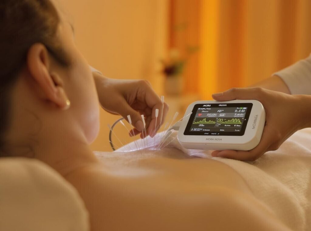 O persoană stă întinsă pe burtă și primește acupunctură, în timp ce o altă persoană ține un dispozitiv de monitorizare care afișează date și grafice în timp real. Ace subțiri de acupunctură sunt introduse în partea superioară a spatelui persoanei.