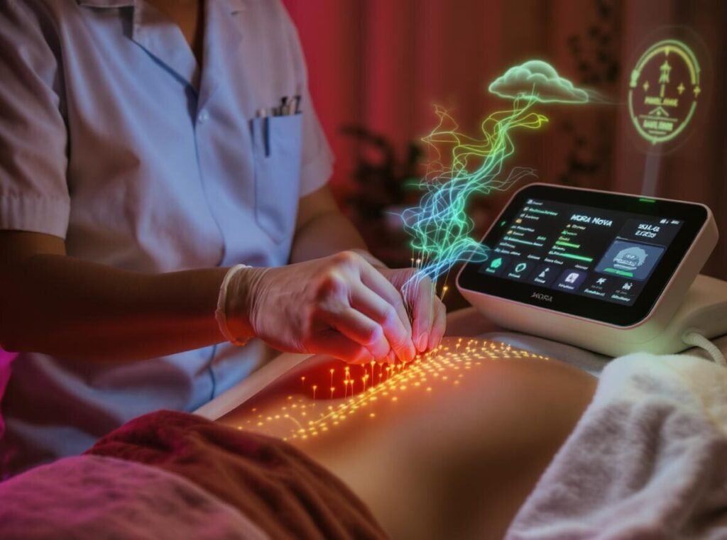 O persoană în ținută medicală folosește un dispozitiv cu ecran digital pentru a trata abdomenul unui pacient, cu grafică digitală și linii colorate adăugate pentru a ilustra energia sau activitatea.