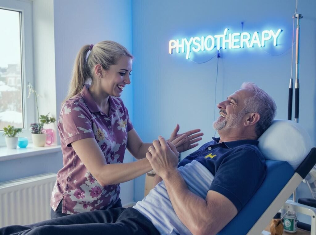 O fizioterapeută într-o cămașă cu imprimeu floral ajută un bărbat mai în vârstă, zâmbitor, întins pe un pat de terapie într-o cameră puternic luminată, cu o firmă neon cu mesajul „FIZIOTERAPIE” pe perete.