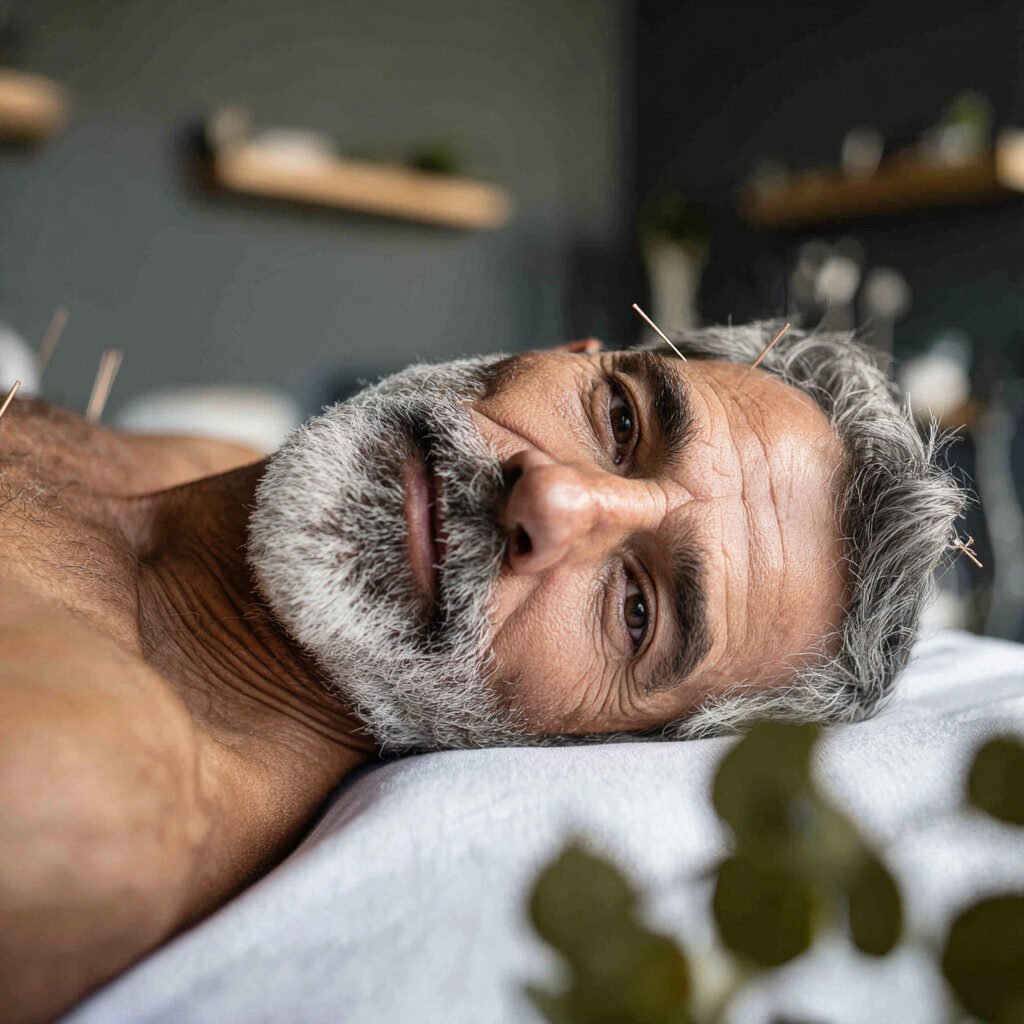 Un bărbat de vârstă mijlocie, cu părul cărunt și barbă, stă întins pe o parte pe o masă de masaj, cu ace de acupunctură plasate în față și în partea superioară a corpului. Fundalul este blurat ușor cu rafturi și plante. Un bărbat de vârstă mijlocie, cu părul cărunt și barbă, stă întins pe o parte pe o masă de masaj, cu ace de acupunctură plasate în față și în partea superioară a corpului. Fundalul este blurat ușor cu rafturi și plante.