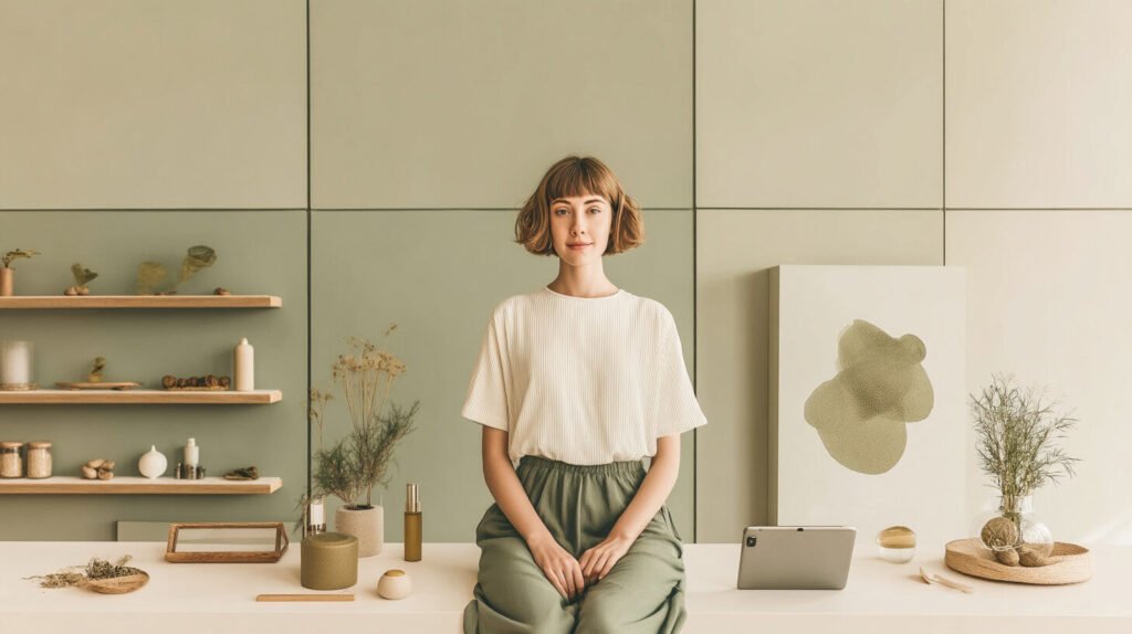 O femeie cu păr șaten scurt stă pe un blat alb într-o cameră minimalistă cu decor verde și bej, rafturi cu obiecte mici, o tabletă și plante uscate. Ea poartă o cămașă albă și pantaloni verzi. O femeie cu păr șaten scurt stă pe un blat alb într-o cameră minimalistă cu decor verde și bej, rafturi cu obiecte mici, o tabletă și plante uscate. Ea poartă o cămașă albă și pantaloni verzi.