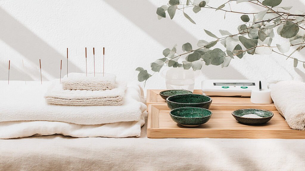 O instalație spa cu ace de acupunctură, prosoape albe împăturite, boluri din ceramică verde, un pahar cu apă, un aparat alb și ramuri de eucalipt pe o suprafață bej, sub lumină naturală. O instalație spa cu ace de acupunctură, prosoape albe împăturite, boluri din ceramică verde, un pahar cu apă, un aparat alb și ramuri de eucalipt pe o suprafață bej, sub lumină naturală.