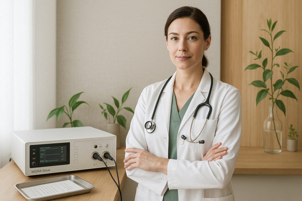 Medic la inceputurile Simbio Qi Un cadru medical în halat alb, cu stetoscop, stă cu brațele încrucișate lângă un echipament medical pe o tejghea, într-o cameră bine luminată, cu plante și decor din lemn.
