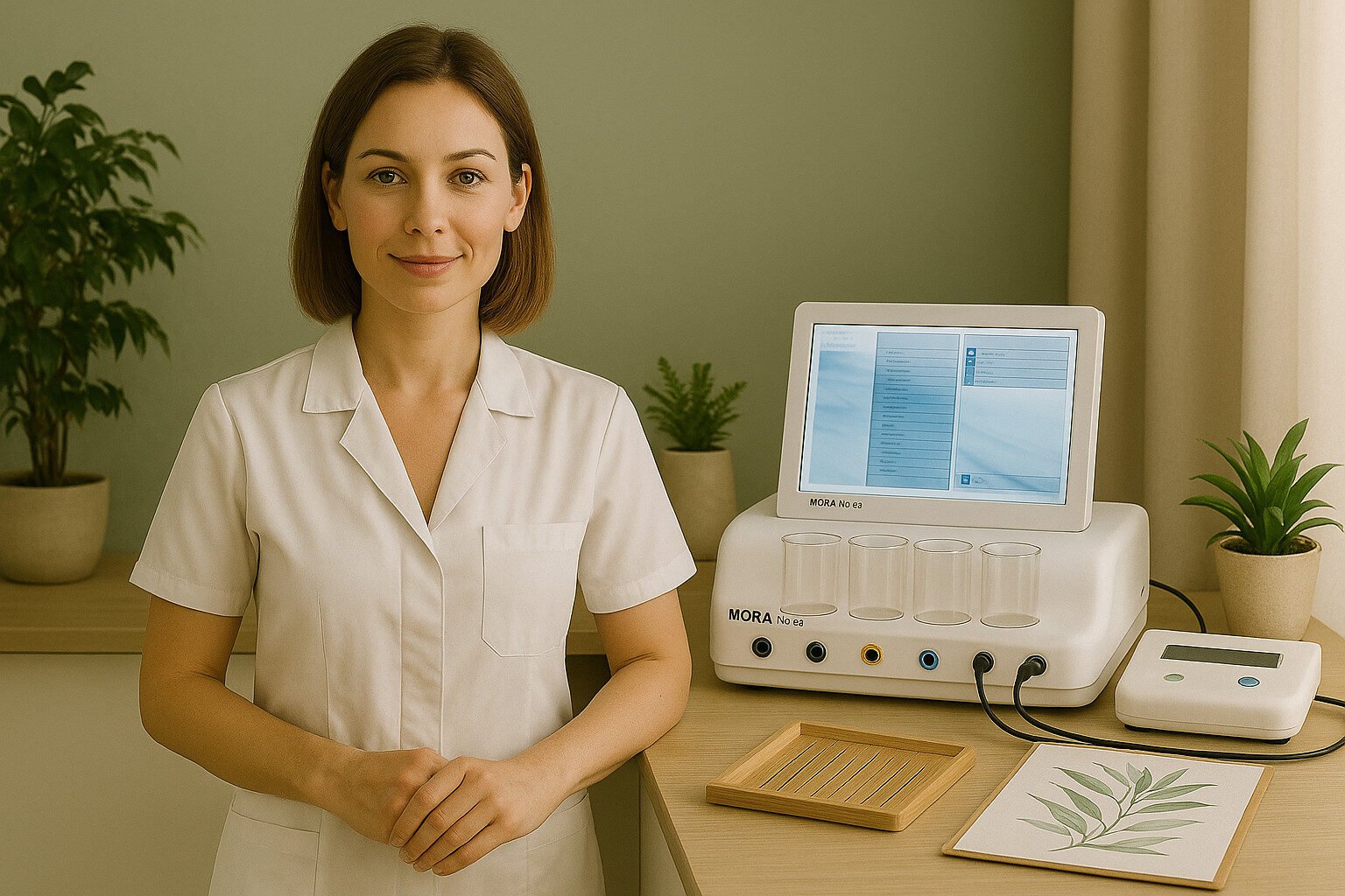 Asistenta medicala a dr. acupunctor Mihaela Florea Asistenta medicala in uniformă albă stă lângă un dispozitiv de diagnostic medical cu un ecran și mai multe recipiente din sticlă. Dispozitivul se află pe o masă cu plante în ghiveci în fundal și o ilustrație botanică.