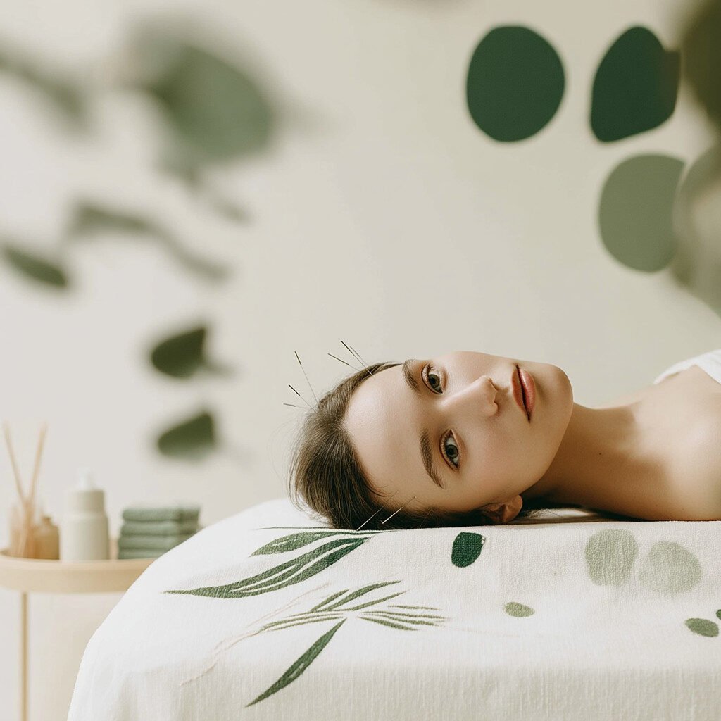 O femeie este întinsă pe o parte pe o masă de masaj, cu ace de acupunctură în față. Decorul este minimalist, cu elemente decorative și frunze verzi și articole de wellness vizibile în fundal.