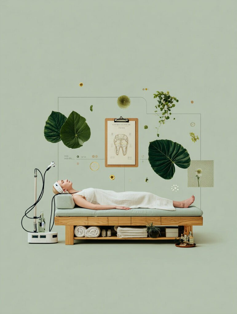 O persoană înfășurată într-un prosop se află pe un pat spa cu o bentiță pe cap, înconjurată de grafice botanice, un dispozitiv medical și o fișă dentară pe un fundal verde deschis. Prosoapele și articolele spa sunt depozitate sub pat. O persoană înfășurată într-un prosop se află pe un pat spa cu o bentiță pe cap, înconjurată de grafice botanice, un dispozitiv medical și o fișă dentară pe un fundal verde deschis. Prosoapele și articolele spa sunt depozitate sub pat.