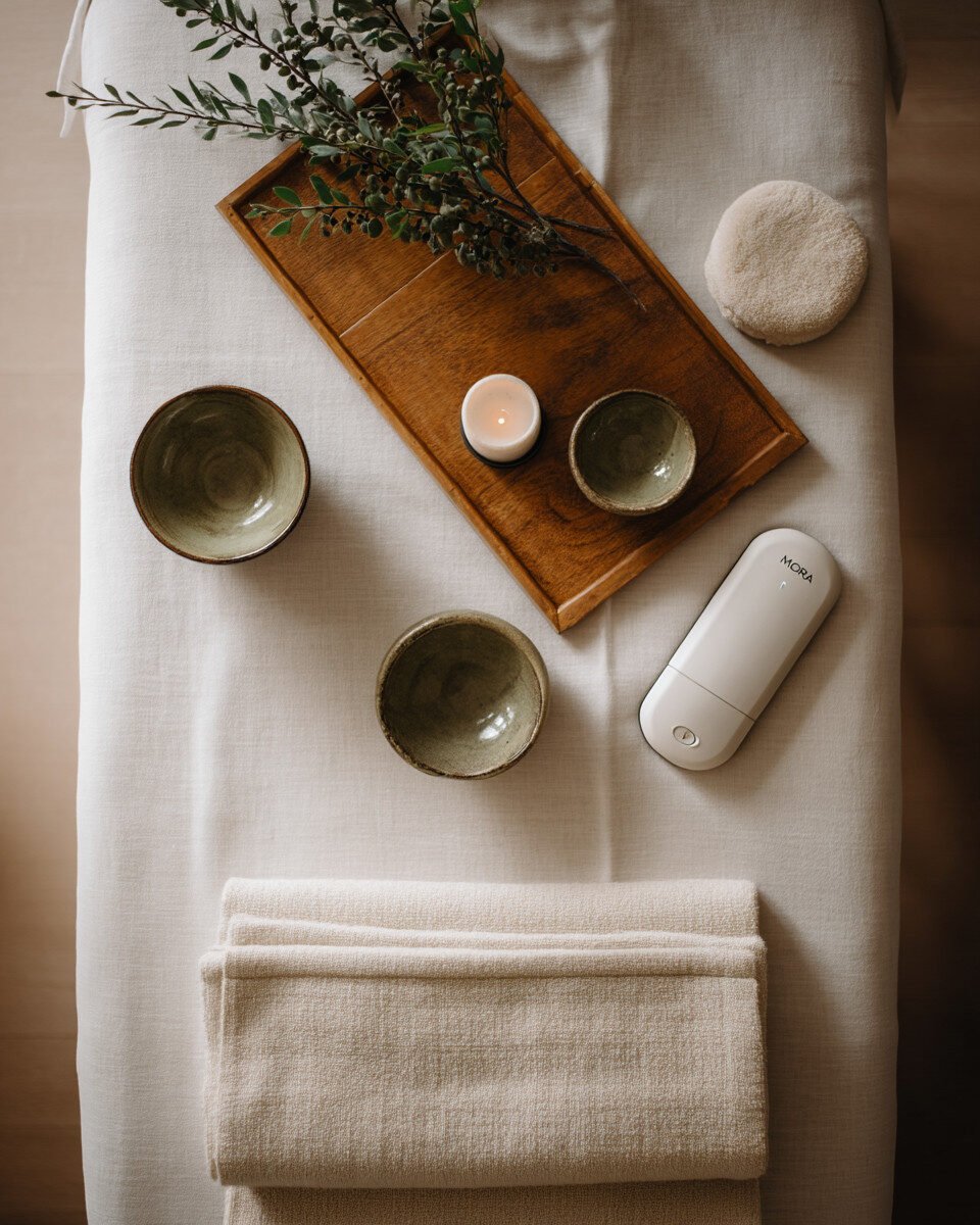 O masă de masaj cu un prosop împăturit, două boluri de ceramică, un burete rotund, o tavă de lemn cu o lumânare și verdeață și un dispozitiv electronic alb așezat pe un capac de in alb.