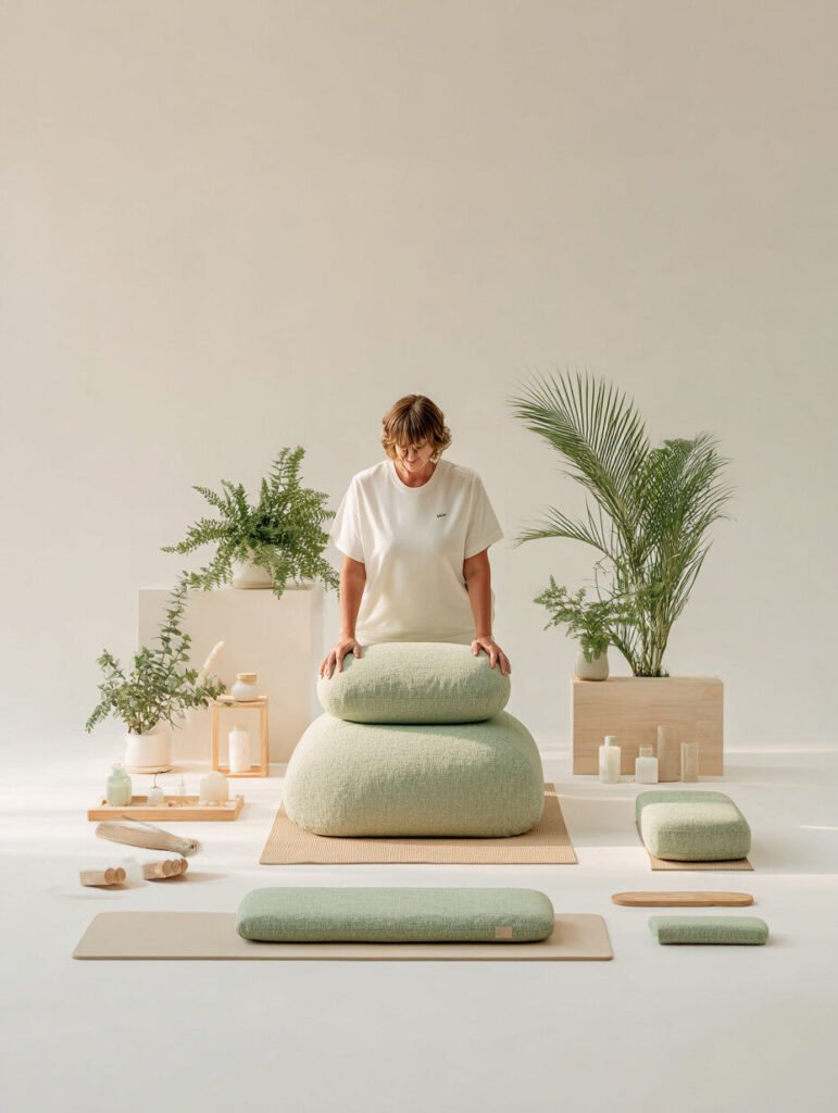 O persoană într-un tricou alb stă în spatele unor perne de meditație verzi stivuite, înconjurată de plante în ghiveci, lumânări, cutii de lemn și recuzită de yoga într-o cameră minimalistă, plină de lumină. O persoană într-un tricou alb stă în spatele unor perne de meditație verzi stivuite, înconjurată de plante în ghiveci, lumânări, cutii de lemn și recuzită de yoga într-o cameră minimalistă, plină de lumină.