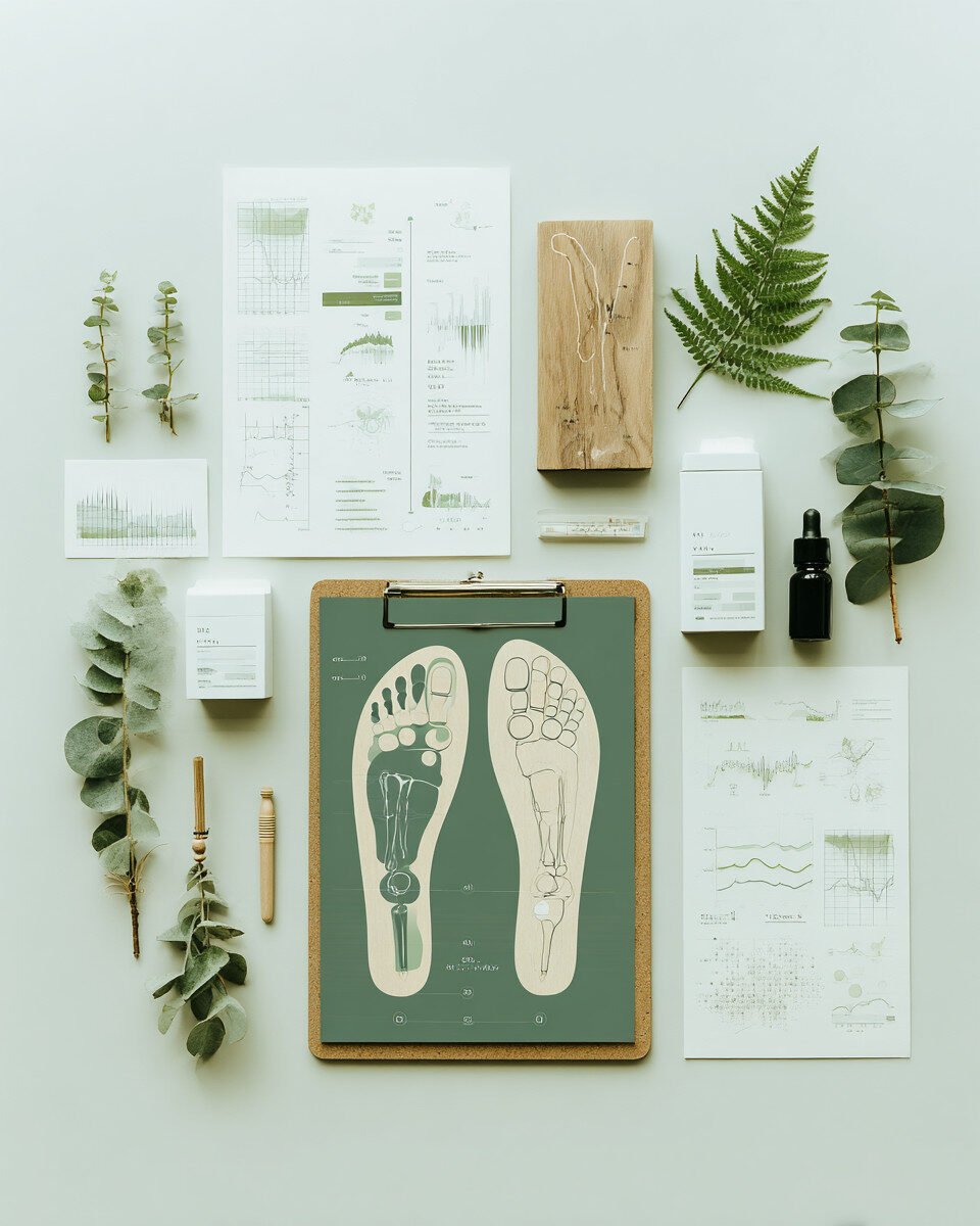 Un lay plat prezintă frunze botanice, grafice științifice, un bloc de lemn cu rădăcini de plante, o sticlă cu picurător, cutii și un clipboard cu diagrame anatomice pentru picioare pe un fundal verde pal.