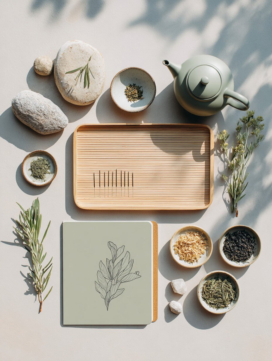 Un set plat de articole pentru prepararea ceaiului, inclusiv un ceainic verde, boluri mici cu diverse ceaiuri vrac, două pietre, ierburi, o tavă de lemn cu tulpini verzi, o crenguță de plantă și un caiet cu o ilustrație botanică pe copertă și mai multe ace de acupunctură.