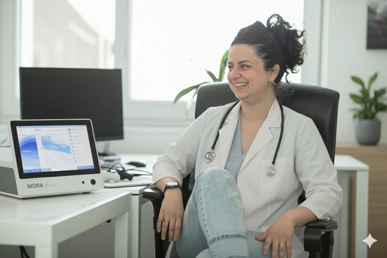 Doctor Mihaela Florea în halat de laborator alb, cu stetoscop, stă și zâmbește la un birou din București, lângă un aparat medical care afișează diagrame, reflectând expertiza sa în Acupunctura Integrativă și Vindecarea Naturală.