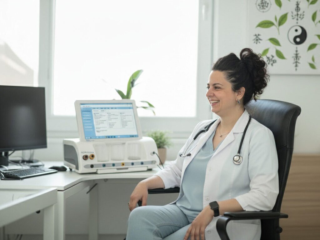 Un medic stă și zâmbește într-un cabinet medical de la Simbio Qi București, cu un stetoscop în jurul gâtului și un dispozitiv Mora Nova de biorezonanta care afișează informații despre pacienți în cabinetul medical. Un medic stă și zâmbește într-un cabinet medical de la Simbio Qi București, cu un stetoscop în jurul gâtului și un dispozitiv Mora Nova de biorezonanta care afișează informații despre pacienți în cabinetul medical.